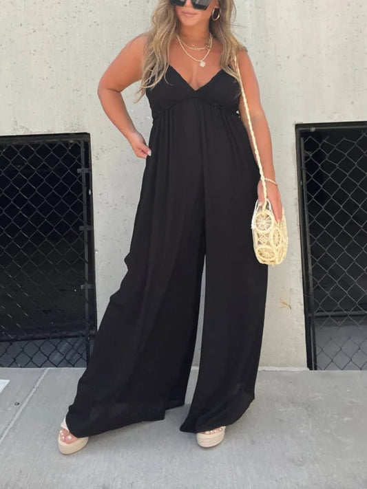 commsmarket-V-Neck Effortless Wide Leg Jumpsuit