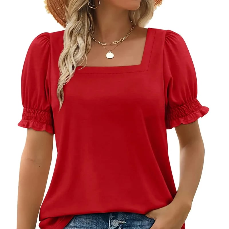 🔥Zomeruitverkoop - 49% korting🔥Casual T-shirt with square neck and smoked neck for women
