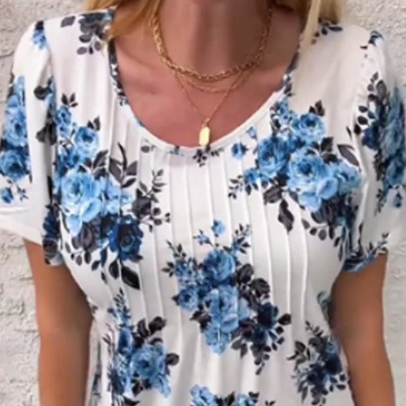 Vrouwen Loose Ronde Hals Korte Mouw Bloemen Blouse