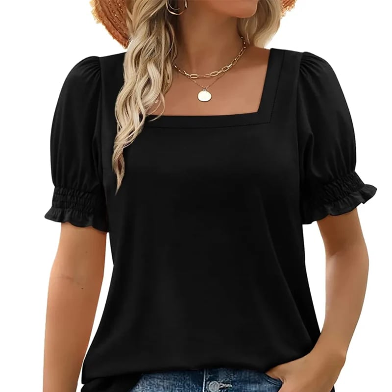 🔥Zomeruitverkoop - 49% korting🔥Casual T-shirt with square neck and smoked neck for women