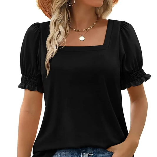 🔥Zomeruitverkoop - 49% korting🔥Casual T-shirt with square neck and smoked neck for women