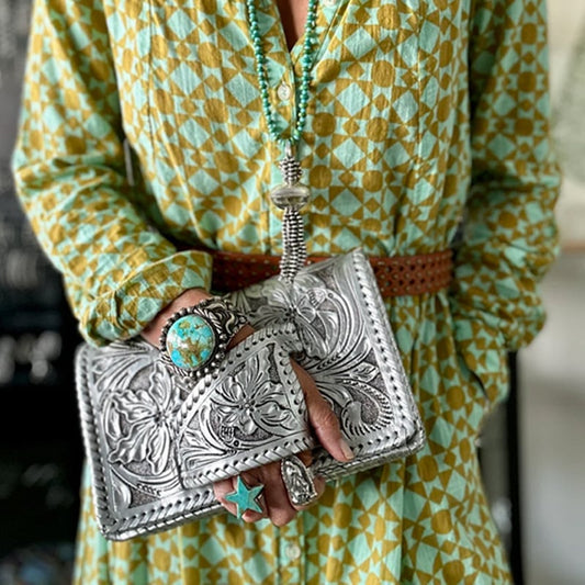 Tooled Metallic Leather Clutch – Western Boho Statement Piece ✨