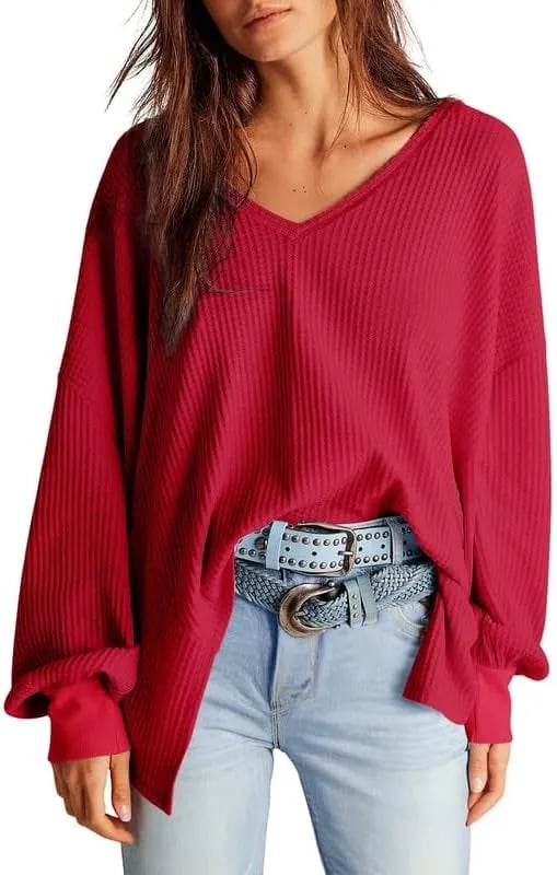 ⏰Hot Sale-Women's Waffle Knit Tops Long Lantern Sleeve Casual Blouses