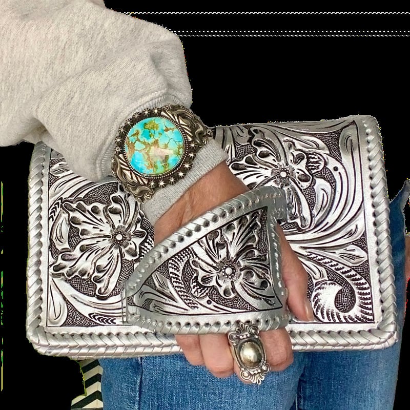 Tooled Metallic Leather Clutch – Western Boho Statement Piece ✨