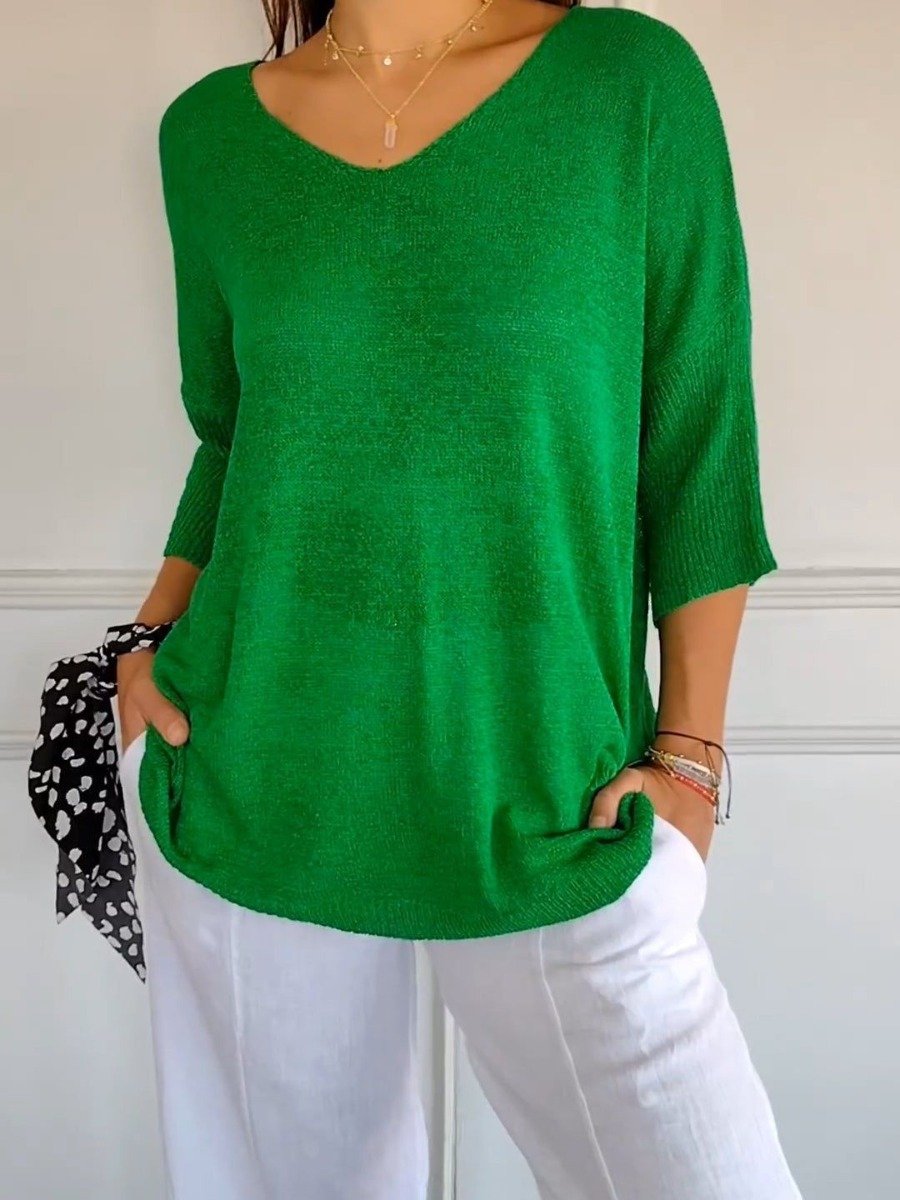 commsmarket-Solid Color Knitted V-neck Top