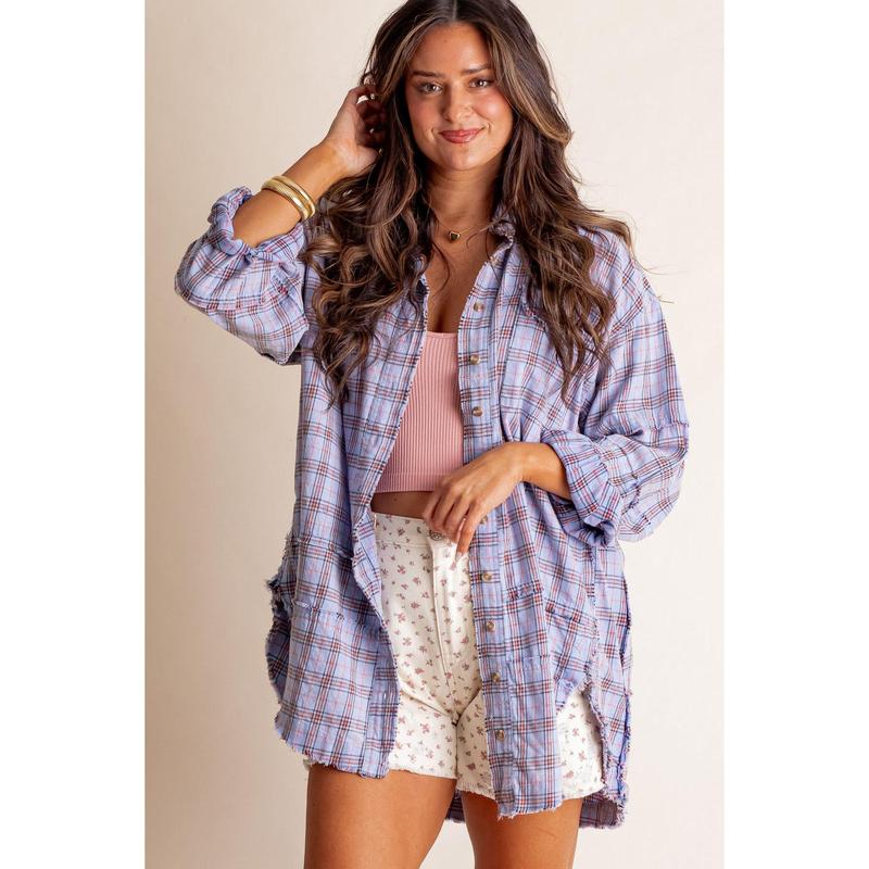 Women's Seams Raw Edge Washed Oversized Shirt Jacket with Pockets(Buy 2 Free Shipping)