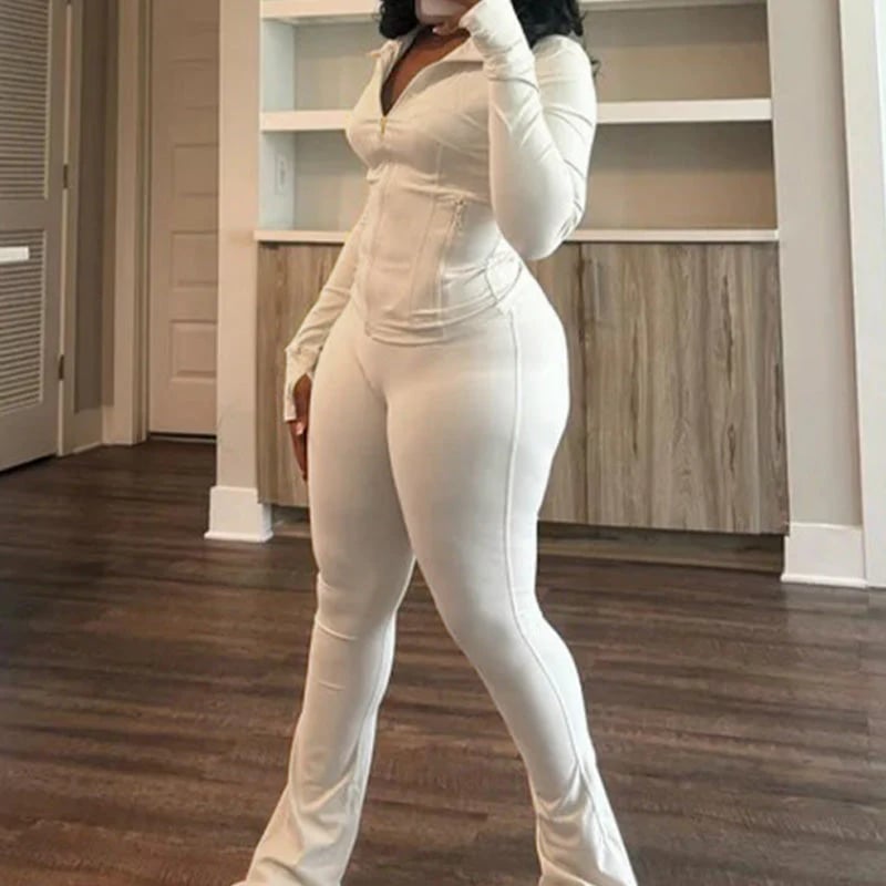 Sexy Solid Color Long-Sleeve Top & Pants Set