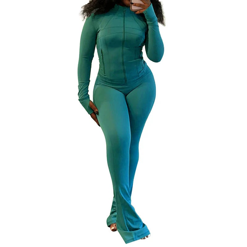 Sexy Solid Color Long-Sleeve Top & Pants Set