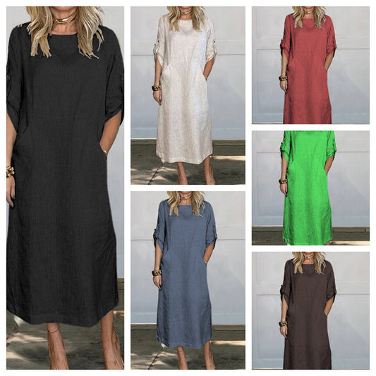 commsmarket-Women's Cotton and Linen Solid Color Loose Dresses
