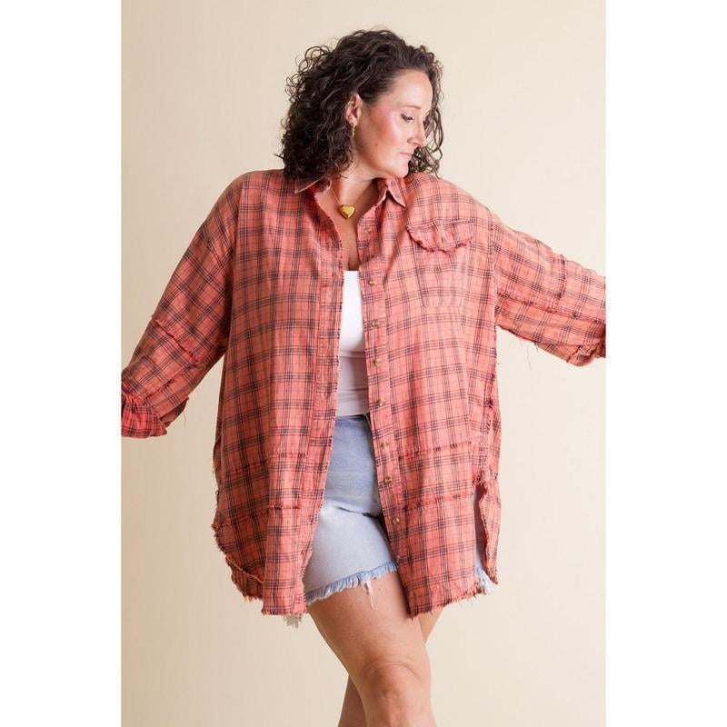 Women's Seams Raw Edge Washed Oversized Shirt Jacket with Pockets(Buy 2 Free Shipping)