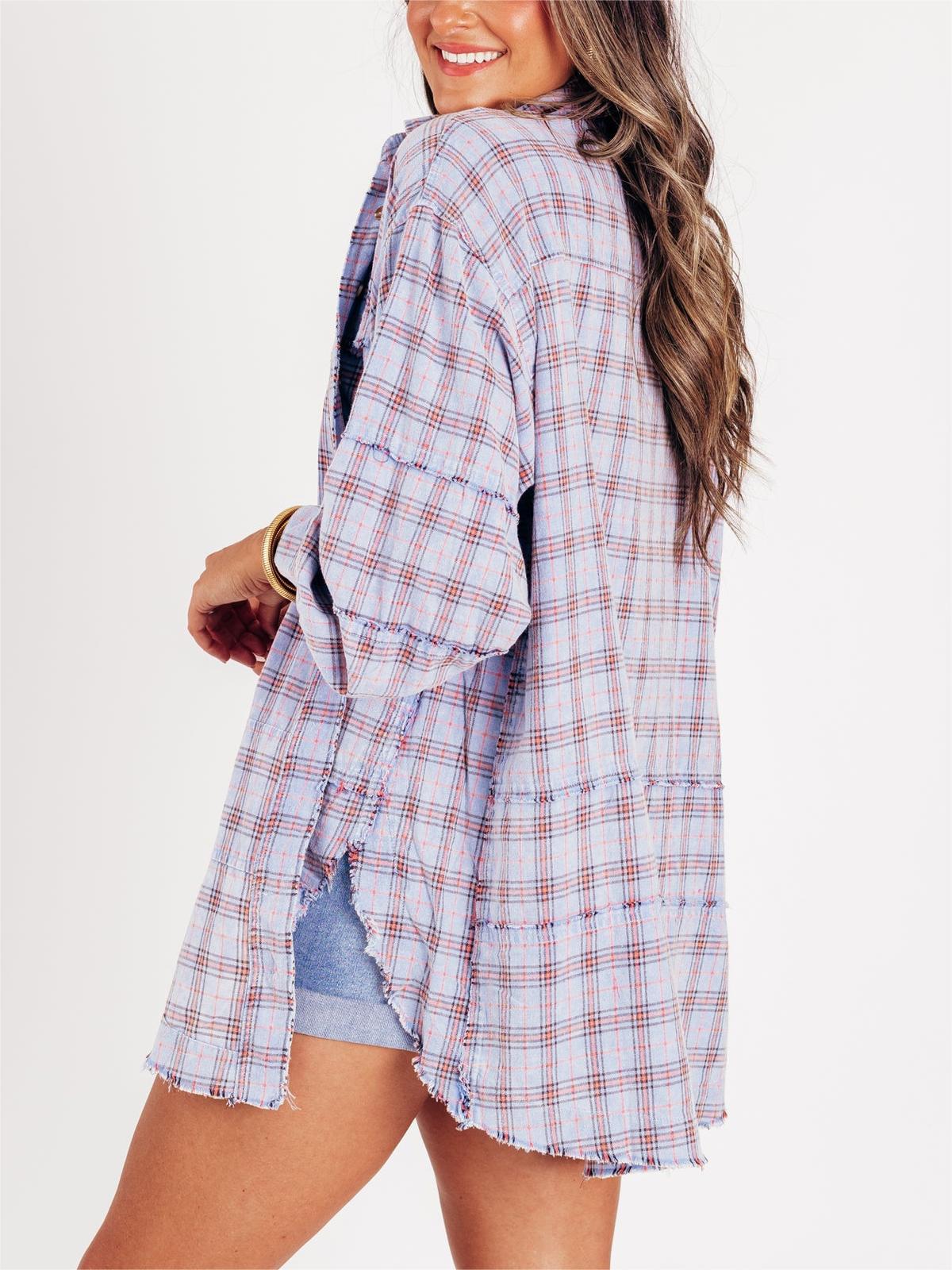Women's Seams Raw Edge Washed Oversized Shirt Jacket with Pockets(Buy 2 Free Shipping)