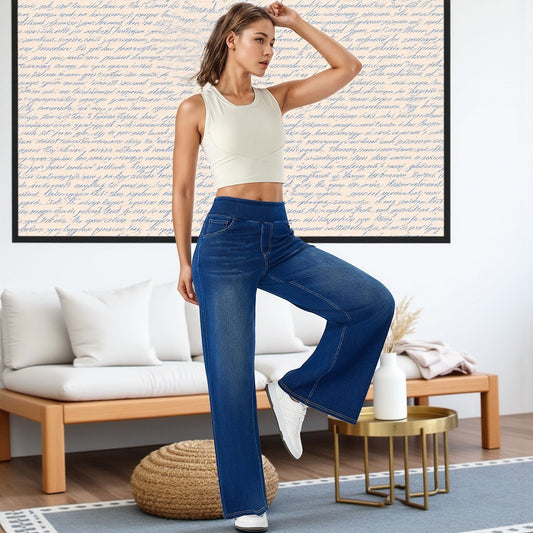 Women's Middle-Waisted Washed Baggy Wide-Leg Stretchy Knit Jeans with Multiple Pockets