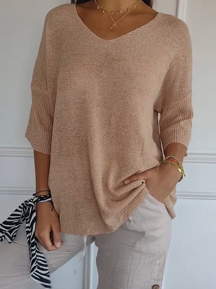 commsmarket-Solid Color Knitted V-neck Top