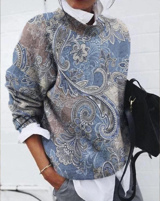 commsmarket-Casual Vintage Print Crew Neck Long Sleeve Sweatshirt