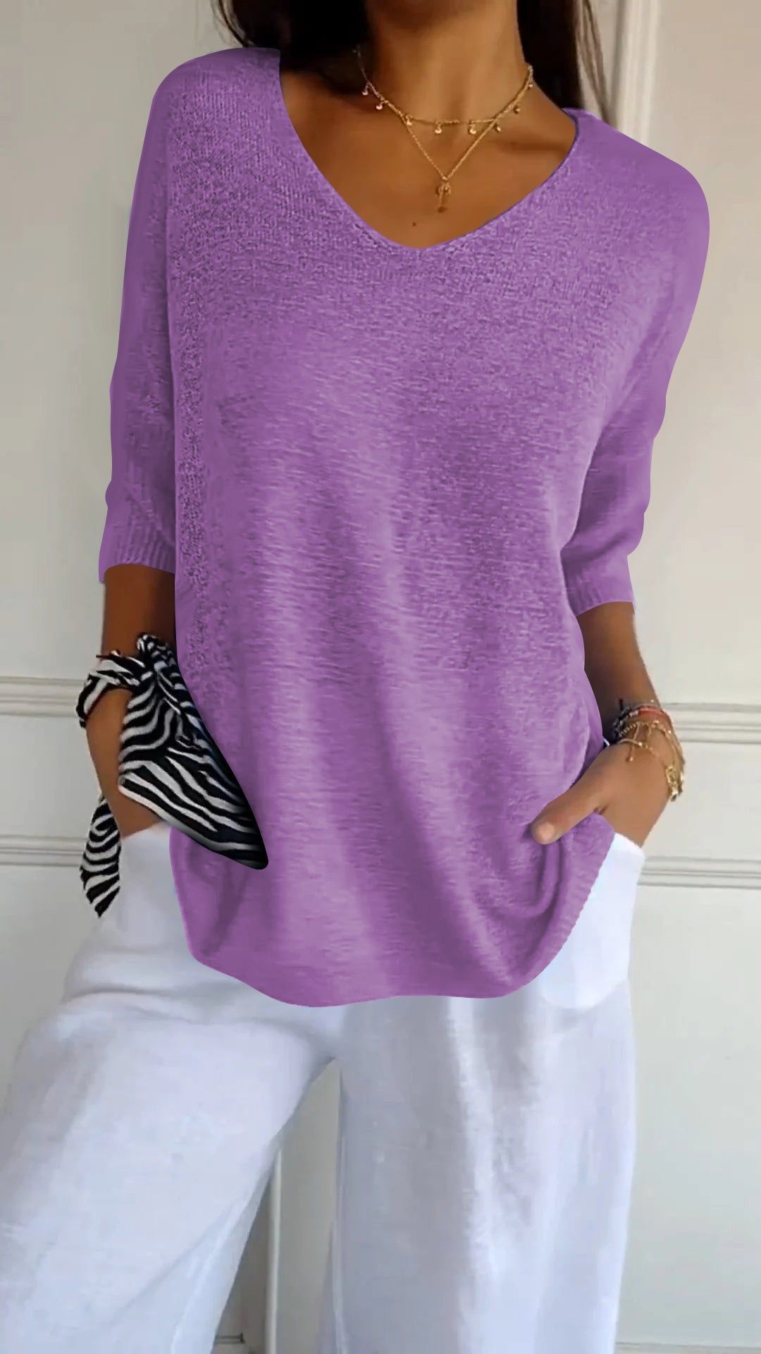 commsmarket-Solid Color Knitted V-neck Top