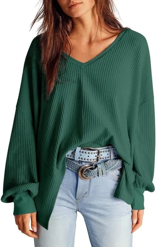 ⏰Hot Sale-Women's Waffle Knit Tops Long Lantern Sleeve Casual Blouses
