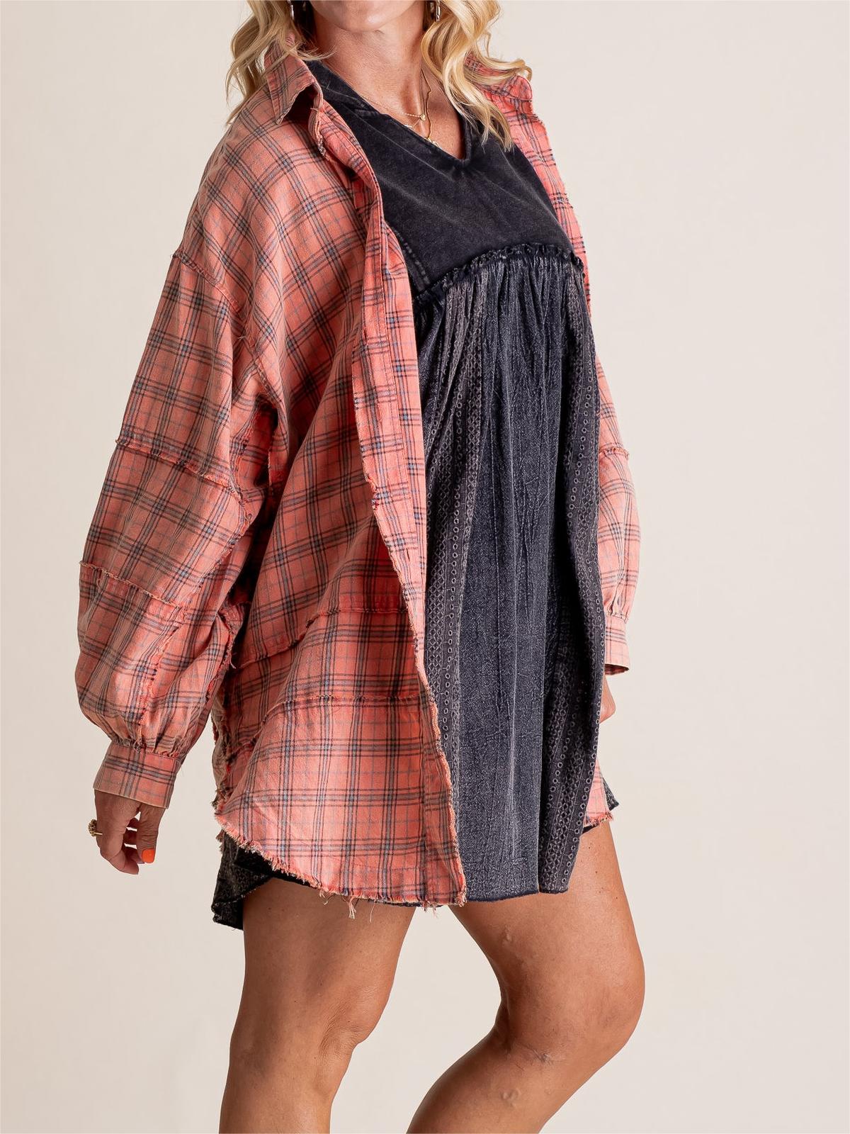 Women's Seams Raw Edge Washed Oversized Shirt Jacket with Pockets(Buy 2 Free Shipping)