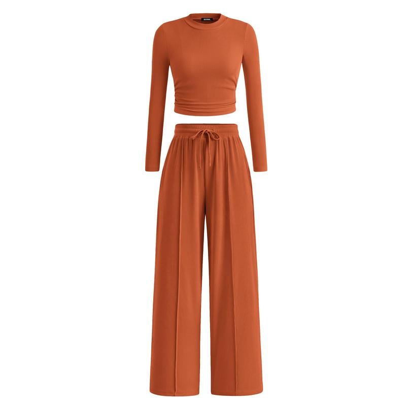 2-Piece Ribbed Knit Long Sleeve Crop Top Wide Leg Pants Matching Lounge Set Loungewear[Buy 2 Free Shipping]
