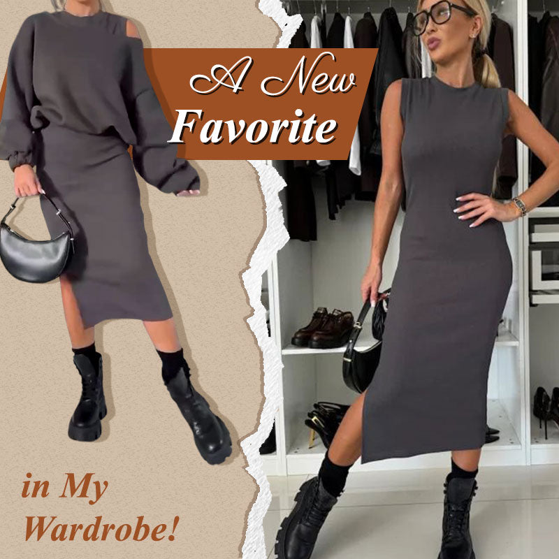 🔥Black-Friday-Mega-Angebot – 50 % Rabatt!🔥Damen-Set mit Sweatshirt mit schrägen Schultern und ärmellosem Kleid🌸