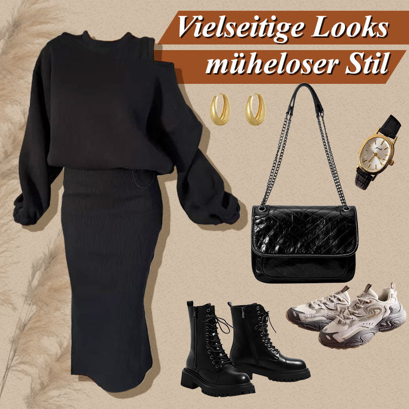 🔥Black-Friday-Mega-Angebot – 50 % Rabatt!🔥Damen-Set mit Sweatshirt mit schrägen Schultern und ärmellosem Kleid🌸