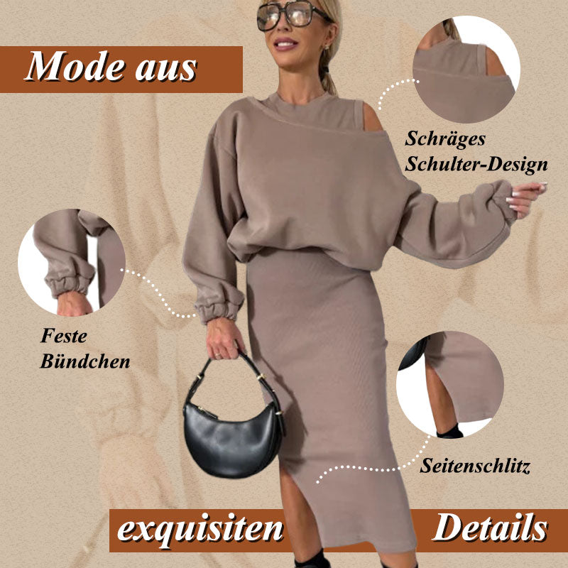 🔥Black-Friday-Mega-Angebot – 50 % Rabatt!🔥Damen-Set mit Sweatshirt mit schrägen Schultern und ärmellosem Kleid🌸