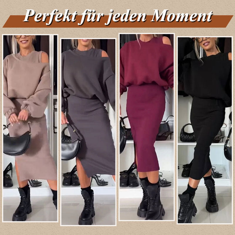 🔥Black-Friday-Mega-Angebot – 50 % Rabatt!🔥Damen-Set mit Sweatshirt mit schrägen Schultern und ärmellosem Kleid🌸