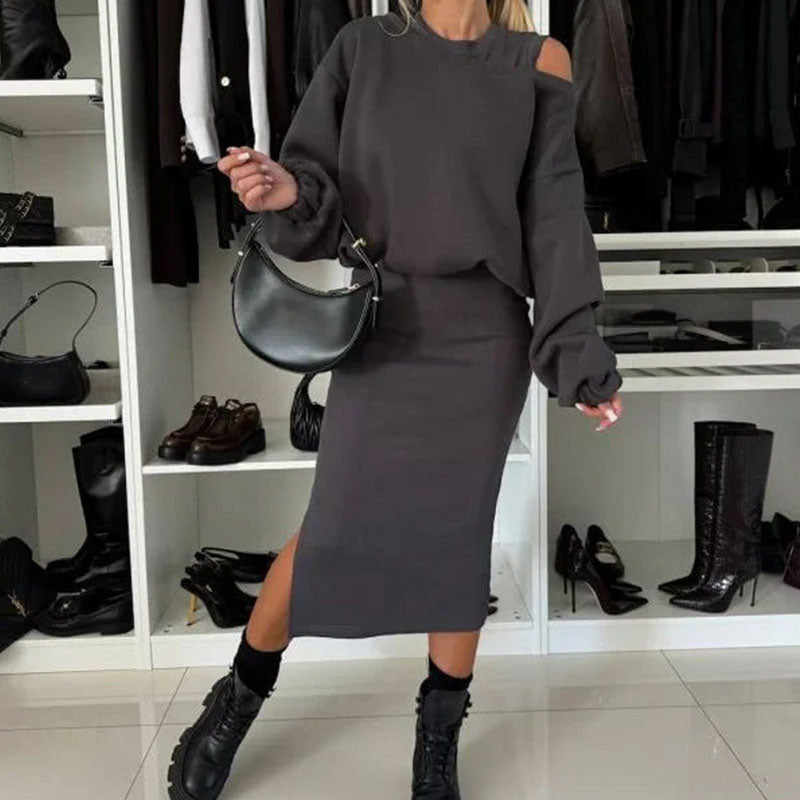 🔥Black-Friday-Mega-Angebot – 50 % Rabatt!🔥Damen-Set mit Sweatshirt mit schrägen Schultern und ärmellosem Kleid🌸