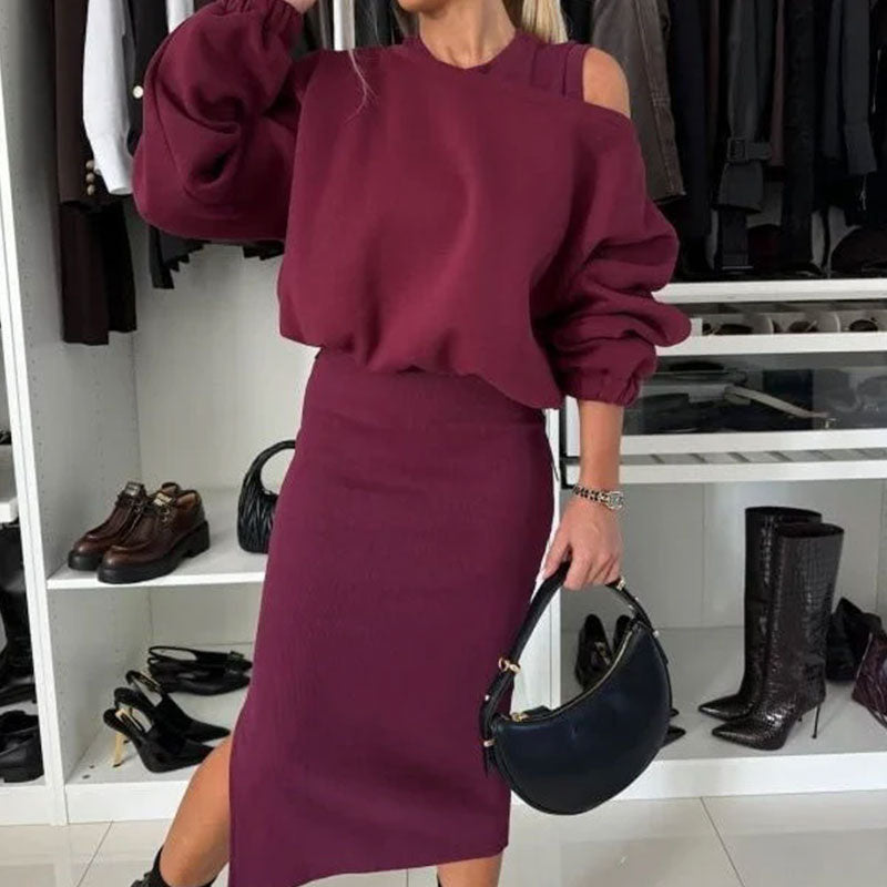 🔥Black-Friday-Mega-Angebot – 50 % Rabatt!🔥Damen-Set mit Sweatshirt mit schrägen Schultern und ärmellosem Kleid🌸