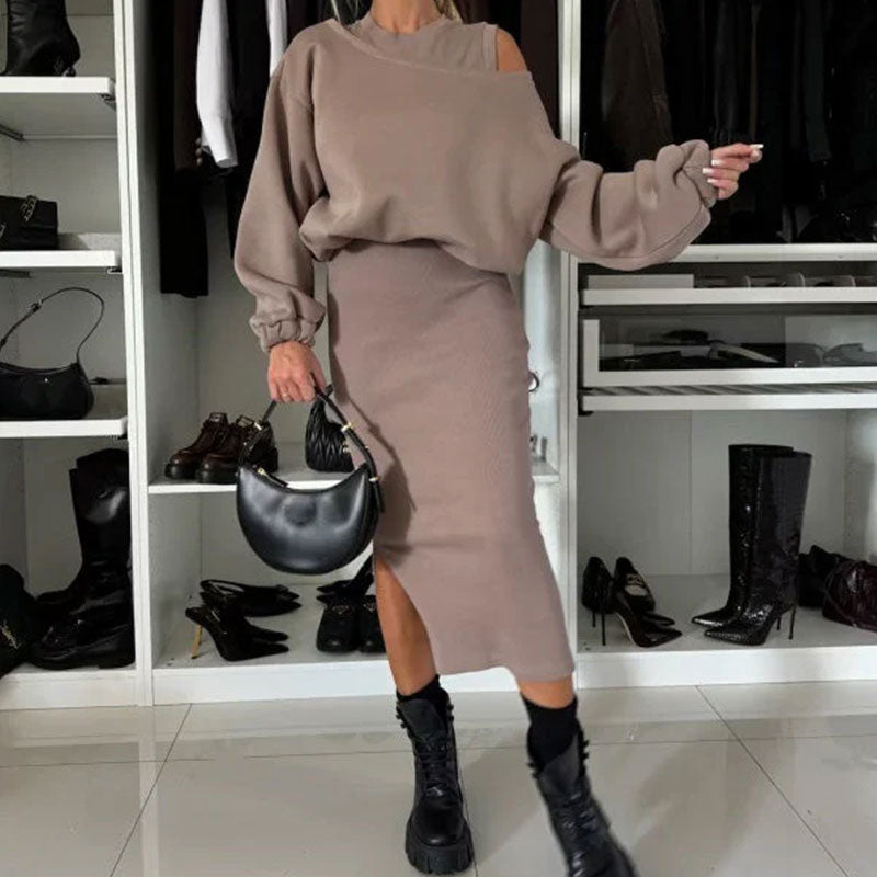 🔥Black-Friday-Mega-Angebot – 50 % Rabatt!🔥Damen-Set mit Sweatshirt mit schrägen Schultern und ärmellosem Kleid🌸
